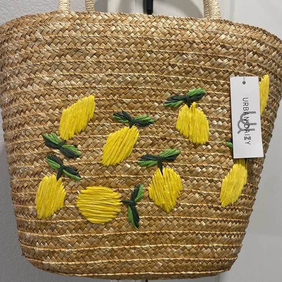 Urban n Daizy Woven Embroidered Lined Tan Straw Lemon Tote Bag Purse Carryall - Picture 2 of 7